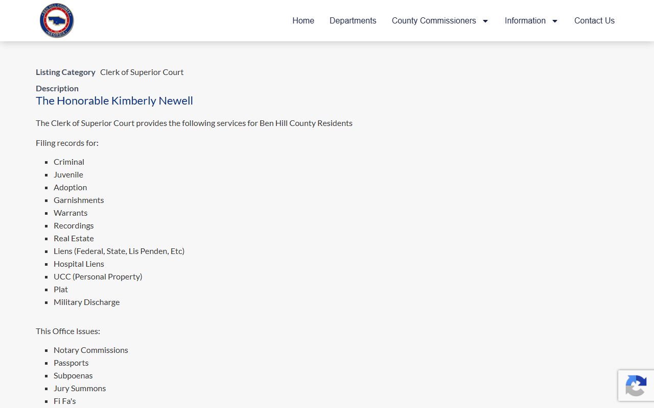 Ben Hill County Clerk of Superior Court records official clerk page