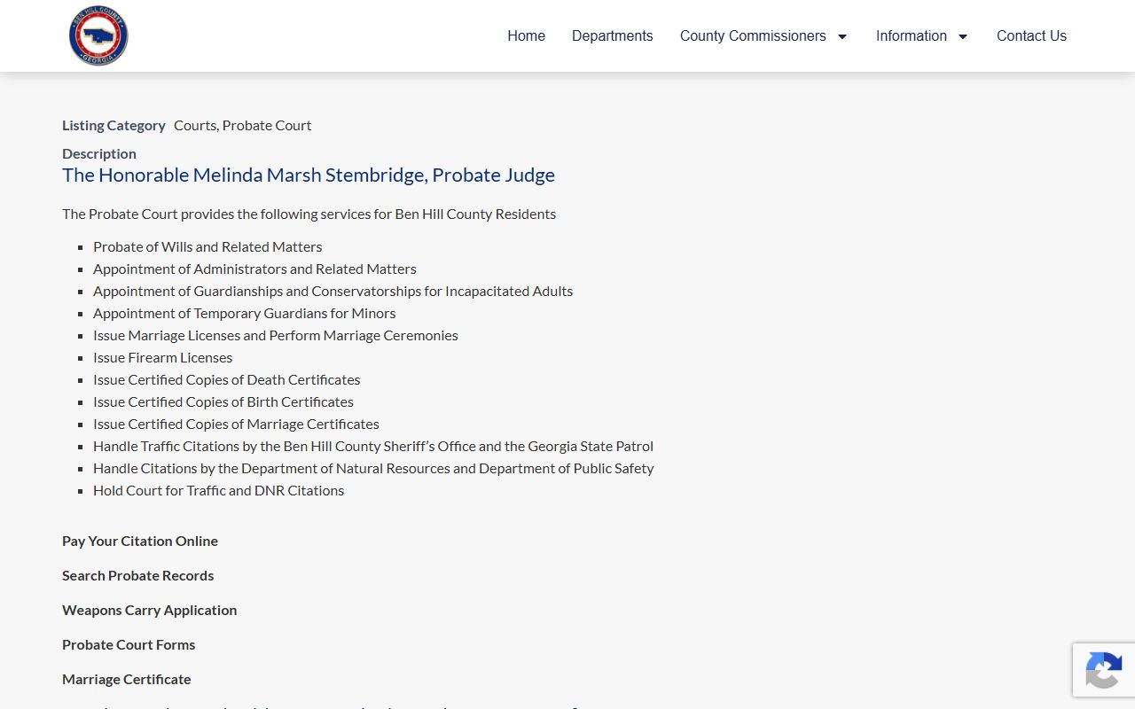 Ben Hill County marriage and divorce records official Probate Court page