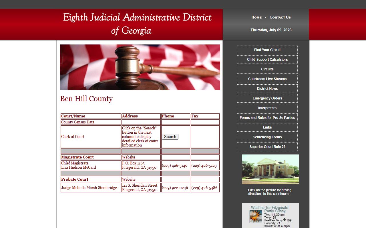 Ben Hill County Probate Court records Eighth District judge contact page